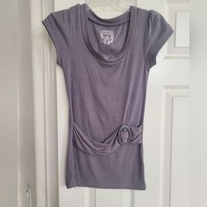 One Step Up Lavender Gray Scoop Neck Short Sleeve Top with Buckle Detail